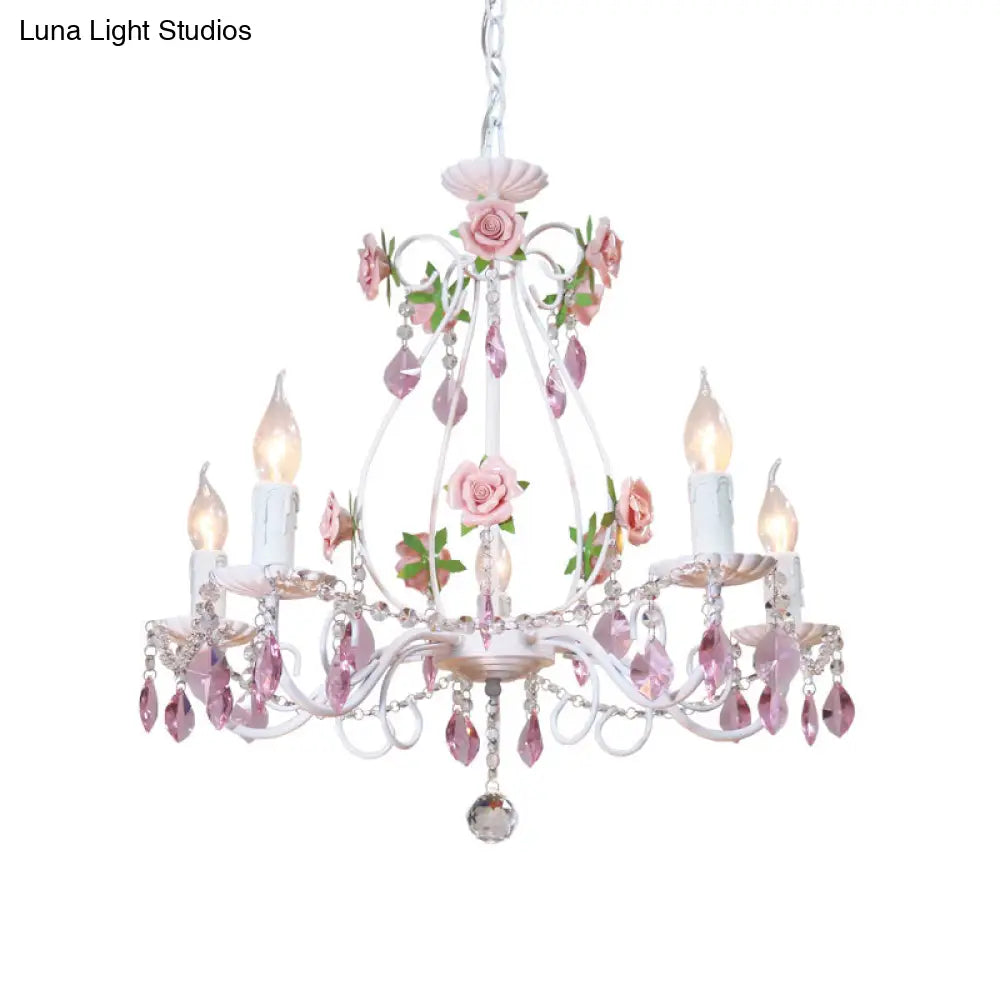 Romantic White Candlestick Chandelier With Pink Rose & Crystal Accents - Ceiling Light For Bedroom