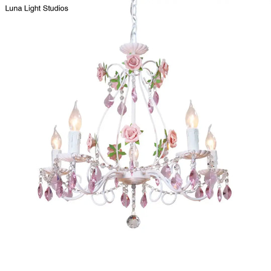 Romantic White Candlestick Chandelier With Pink Rose & Crystal Accents - Ceiling Light For Bedroom