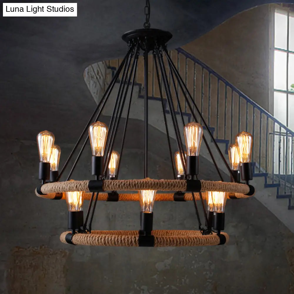 Rope-Wrapped Circle Pendant Light With Multiple Bulbs In Black And Brown