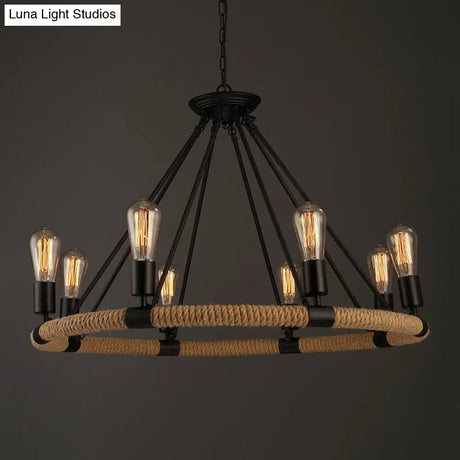 Rope-Wrapped Circle Pendant Light With Multiple Bulbs In Black And Brown