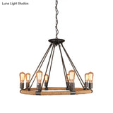 Rope-Wrapped Circle Pendant Light With Multiple Bulbs In Black And Brown