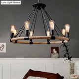 Rope-Wrapped Circle Pendant Light With Multiple Bulbs In Black And Brown