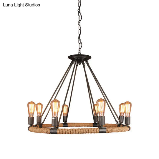 Rustic Circle Rope Chandelier With 6/8/14 Bulbs In Black And Brown By Factory