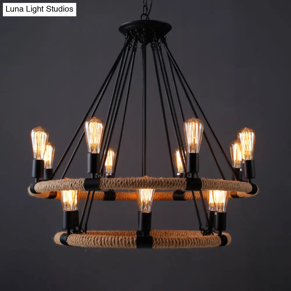 Rope-Wrapped Circle Pendant Light With Multiple Bulbs In Black And Brown