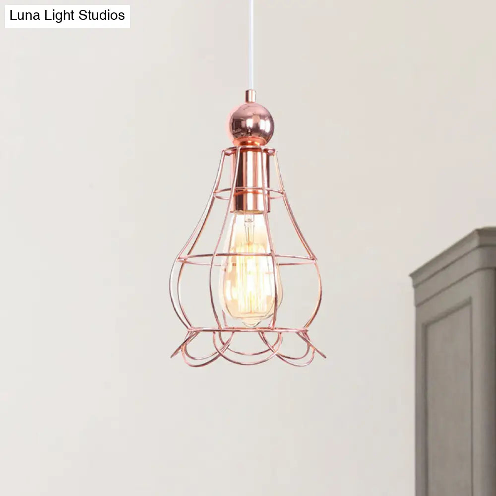 Rose Gold Hanging Pendant Lamp - Loft Style Metal Cage 1 Light Adjustable Cord Indoor Lighting