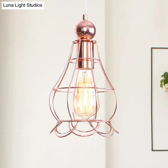 Rose Gold Hanging Pendant Lamp - Loft Style Metal Cage 1 Light Adjustable Cord Indoor Lighting