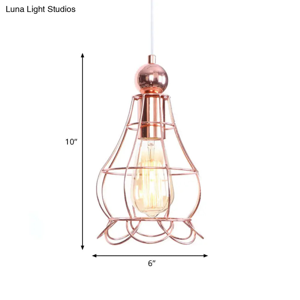 Rose Gold Caged Pendant Lamp - Loft Style Hanging Light With Adjustable Cord