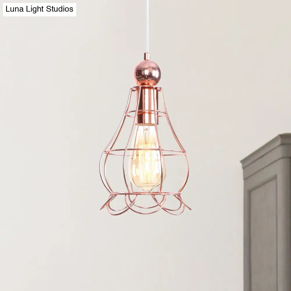 Rose Gold Caged Pendant Lamp - Loft Style Hanging Light With Adjustable Cord