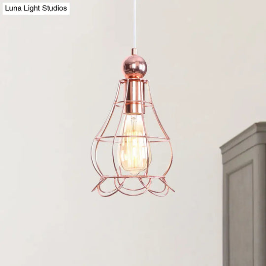Rose Gold Caged Pendant Lamp - Loft Style Hanging Light With Adjustable Cord
