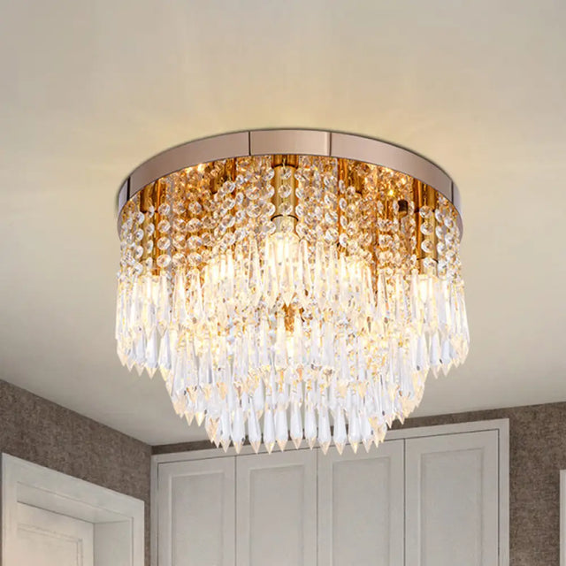 Rose Gold Crystal Waterfall Flush Lamp – Modernist 10-Light Ceiling Mount For Living Rooms