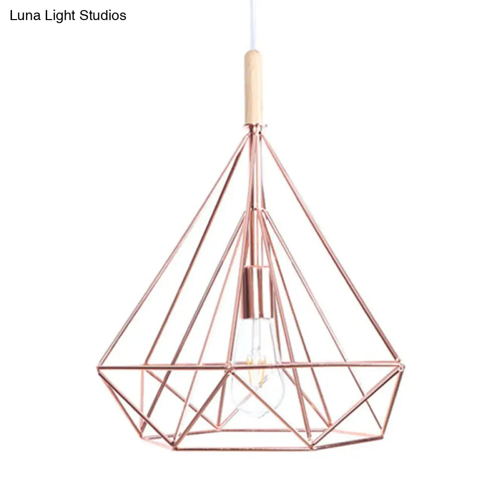 Nordic Industrial Rose Gold Diamond Metal Cage Pendant Light - 1 Ceiling Hanging Fixture