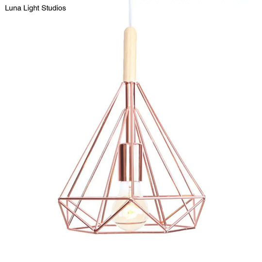 Nordic Industrial Rose Gold Diamond Metal Cage Pendant Light - 1 Ceiling Hanging Fixture