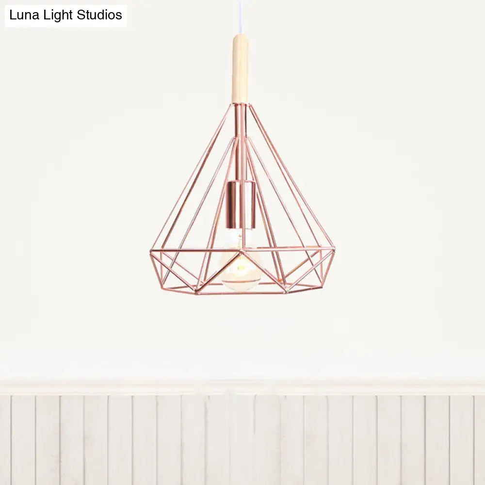 Nordic Industrial Rose Gold Diamond Metal Cage Pendant Light - 1 Ceiling Hanging Fixture