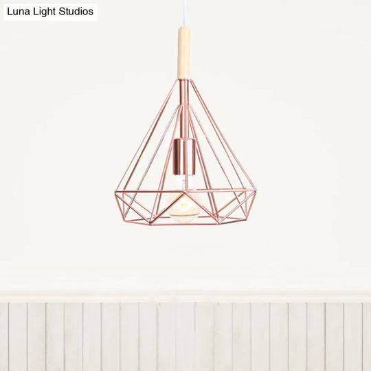 Nordic Industrial Rose Gold Diamond Metal Cage Pendant Light - 1 Ceiling Hanging Fixture