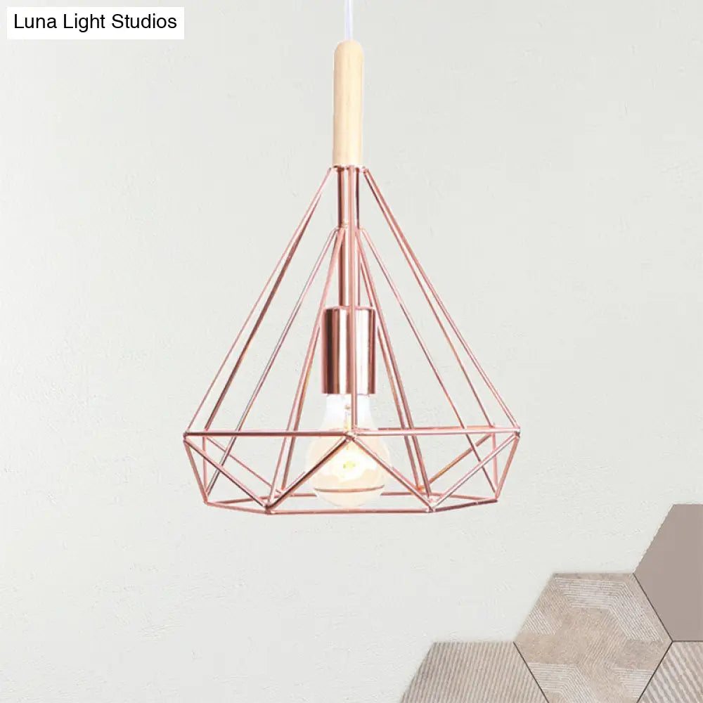Nordic Industrial Rose Gold Diamond Metal Cage Pendant Light - 1 Ceiling Hanging Fixture
