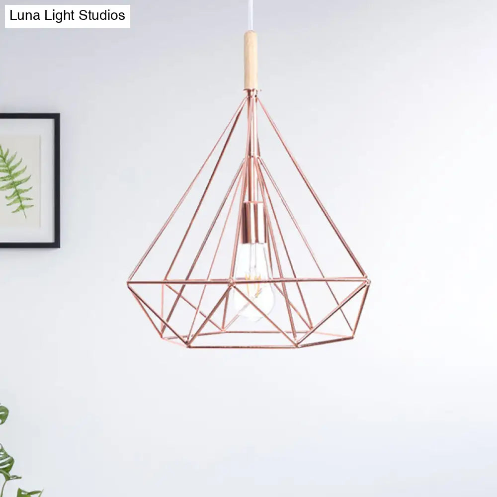 Nordic Industrial Rose Gold Diamond Metal Cage Pendant Light - 1 Ceiling Hanging Fixture