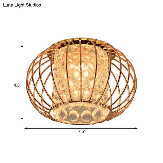 Rose Gold Lantern Cage Led Flushmount Ceiling Light: Cylindrical Bubble Crystal For Simple Corridors