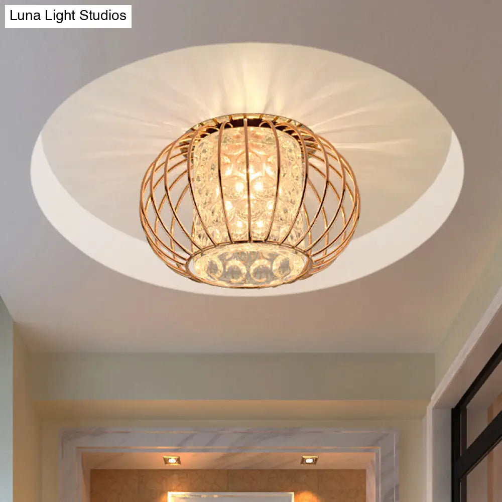 Rose Gold Lantern Cage Led Flushmount Ceiling Light: Cylindrical Bubble Crystal For Simple Corridors