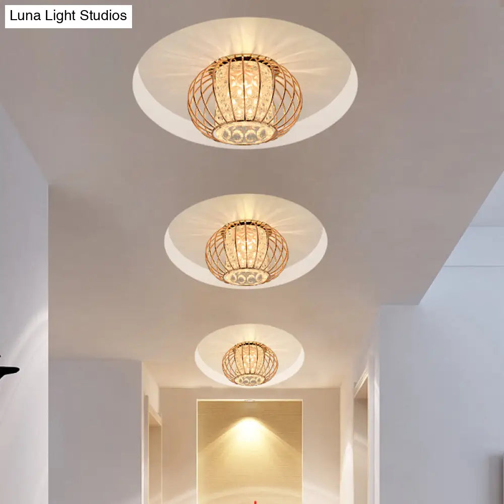 Rose Gold Lantern Cage Led Flushmount Ceiling Light: Cylindrical Bubble Crystal For Simple Corridors