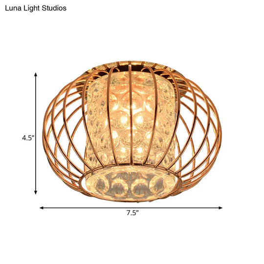 Rose Gold Lantern Cage Led Flushmount Ceiling Light: Cylindrical Bubble Crystal For Simple Corridors