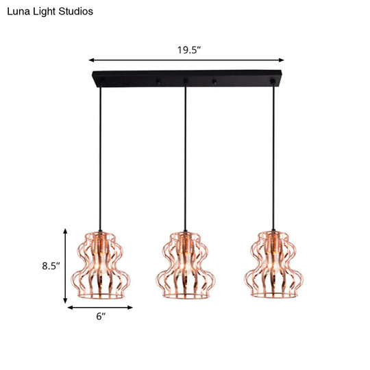 Rose Gold Loft Style Gourd Cage Pendant Light With Canopy - 3 Bulbs Metallic Finish