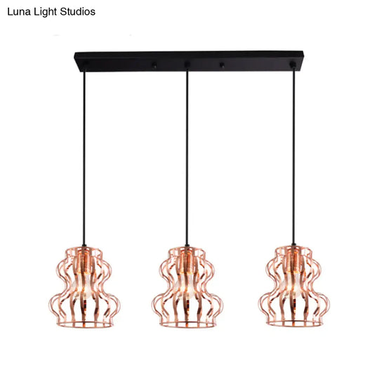 Rose Gold Loft Style Gourd Cage Pendant Light With Canopy - 3 Bulbs Metallic Finish