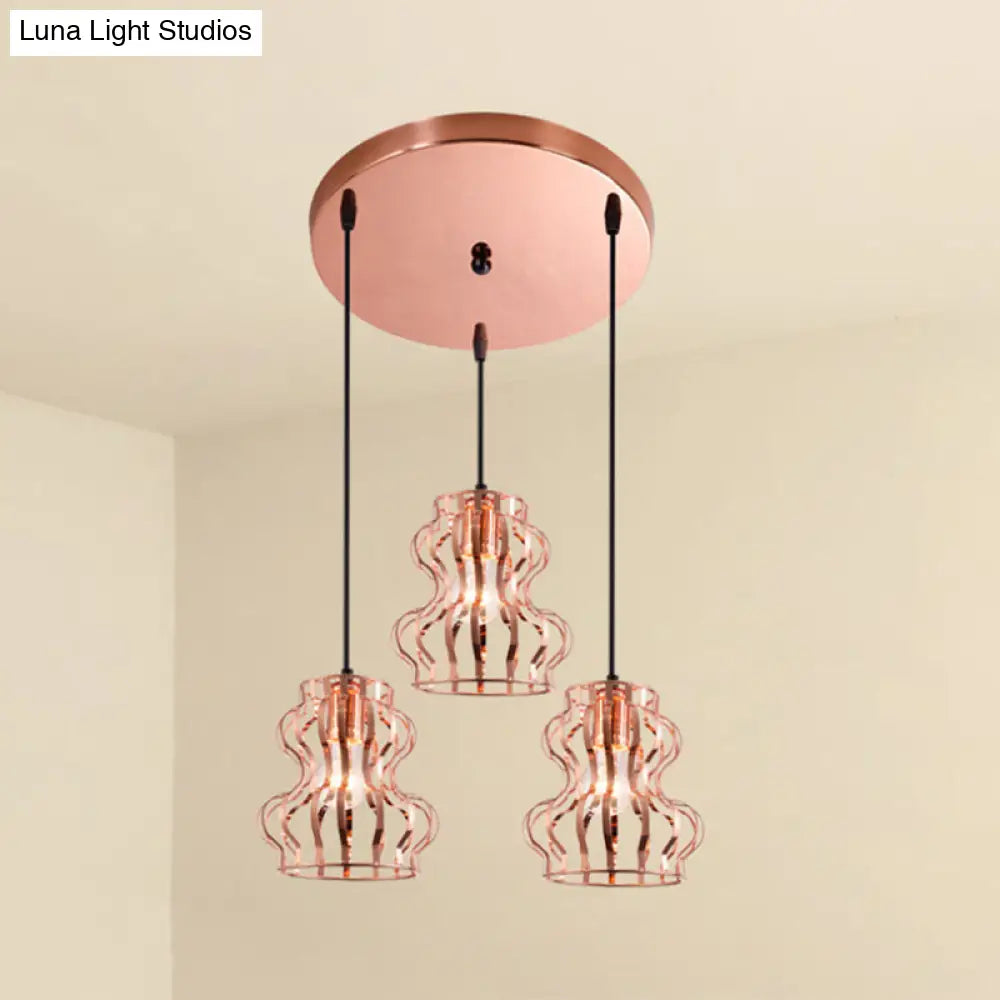 Rose Gold Loft Style Gourd Cage Pendant Light With Canopy - 3 Bulb Metallic Hanging Ceiling