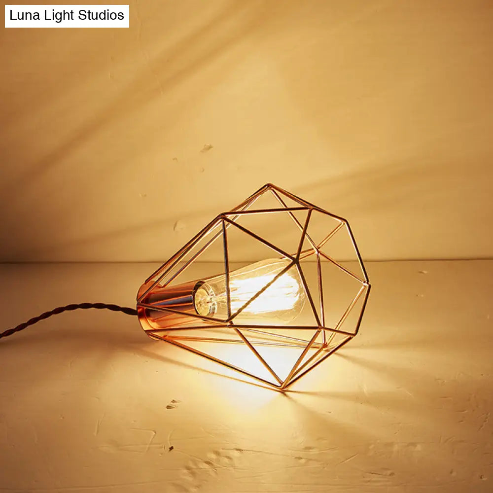 Rose Gold Pendant Lamp - Flared/Diamond Cage Industrial Ceiling Hang Light Bedroom Lighting