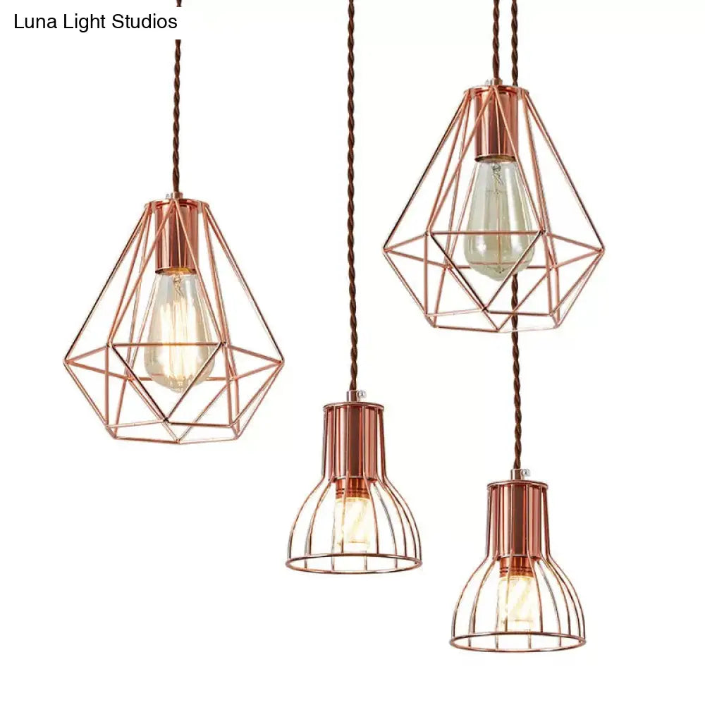 Rose Gold Pendant Lamp - Flared/Diamond Cage Industrial Ceiling Hang Light Bedroom Lighting