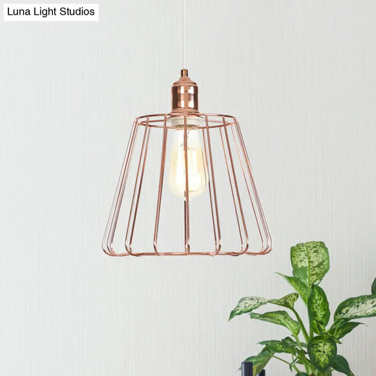 Modern Tapered Pendant Lighting: Rose Gold Metal Cage 1-Light Drop Ceiling Fixture