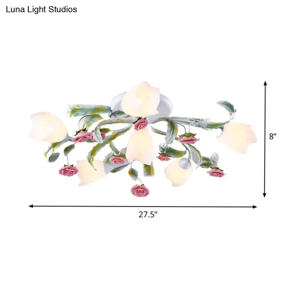 Rose Living Room Semi-Flush Mount Pastoral Ceiling Lamp - Green/White 4/6/9 Heads