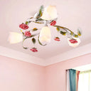 Rose Living Room Semi-Flush Mount Pastoral Ceiling Lamp - Green/White 4/6/9 Heads 4 / Green-White