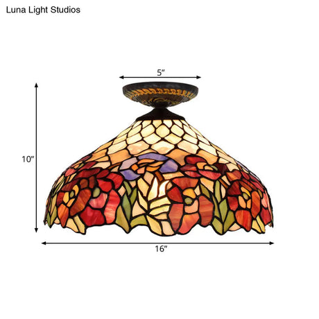 Rose Metal Tiffany Flush Mount Ceiling Light Fixture - Brass Finish 12’/16’ Diameter