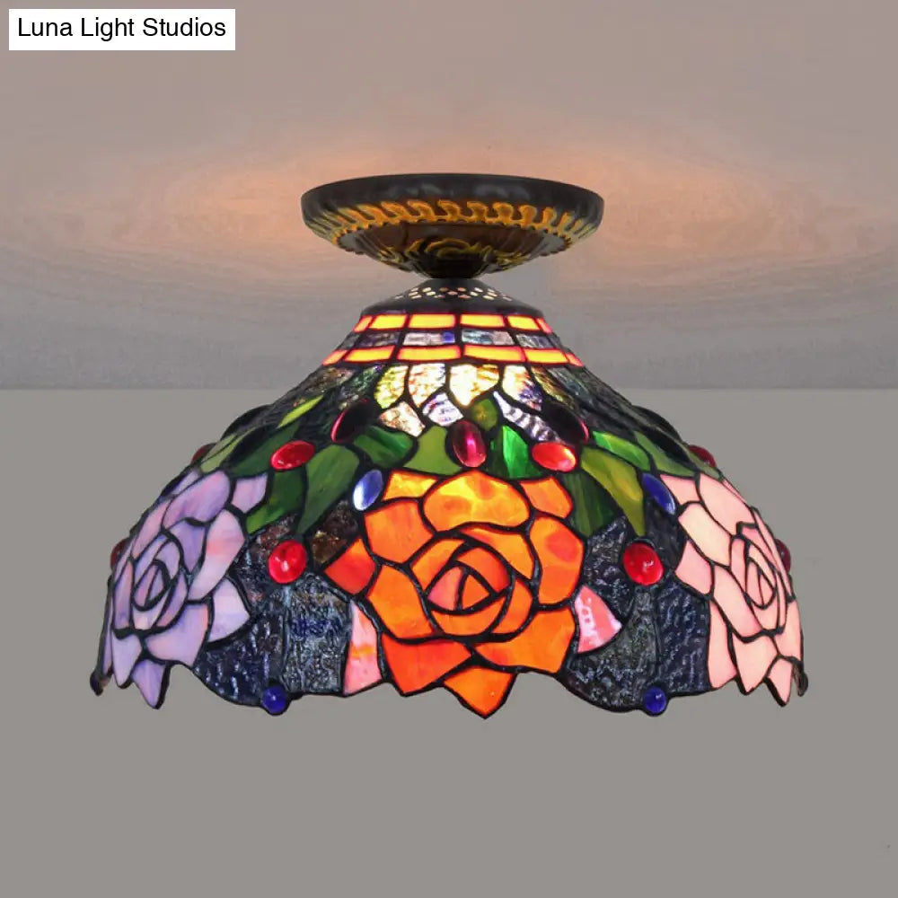Rose Metal Tiffany Flush Mount Ceiling Light Fixture - Brass Finish 12/16 Diameter