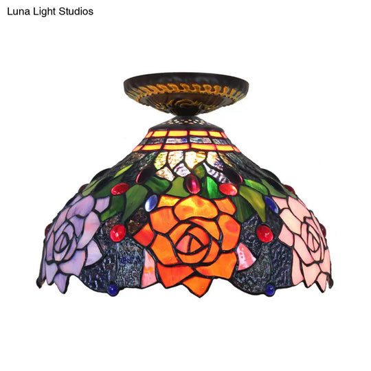 Rose Metal Tiffany Flush Mount Ceiling Light Fixture - Brass Finish 12’/16’ Diameter