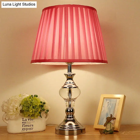 Rose Red Fabric Night Lamp With Crystal Accent For Bedroom Nightstand