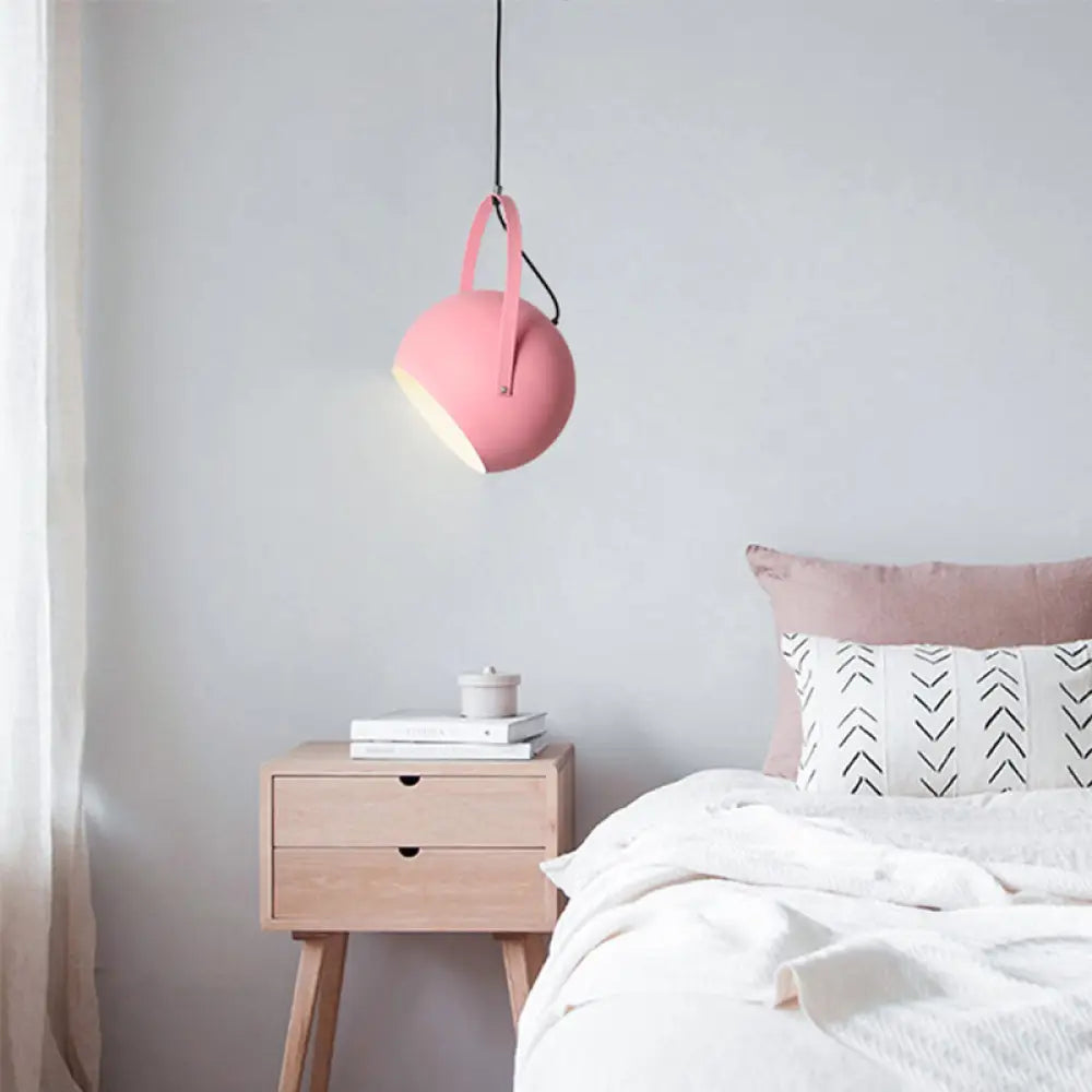 Rotatable Macaron Loft Metal Pendant Light For Living Room - 1 Head Globe Hanging Design Pink