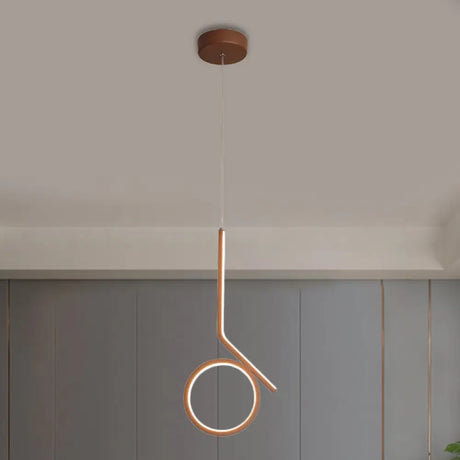 Contemporary Round And Bent Linear Metallic Led Pendant Ceiling Fixture In Brown With Warm/White