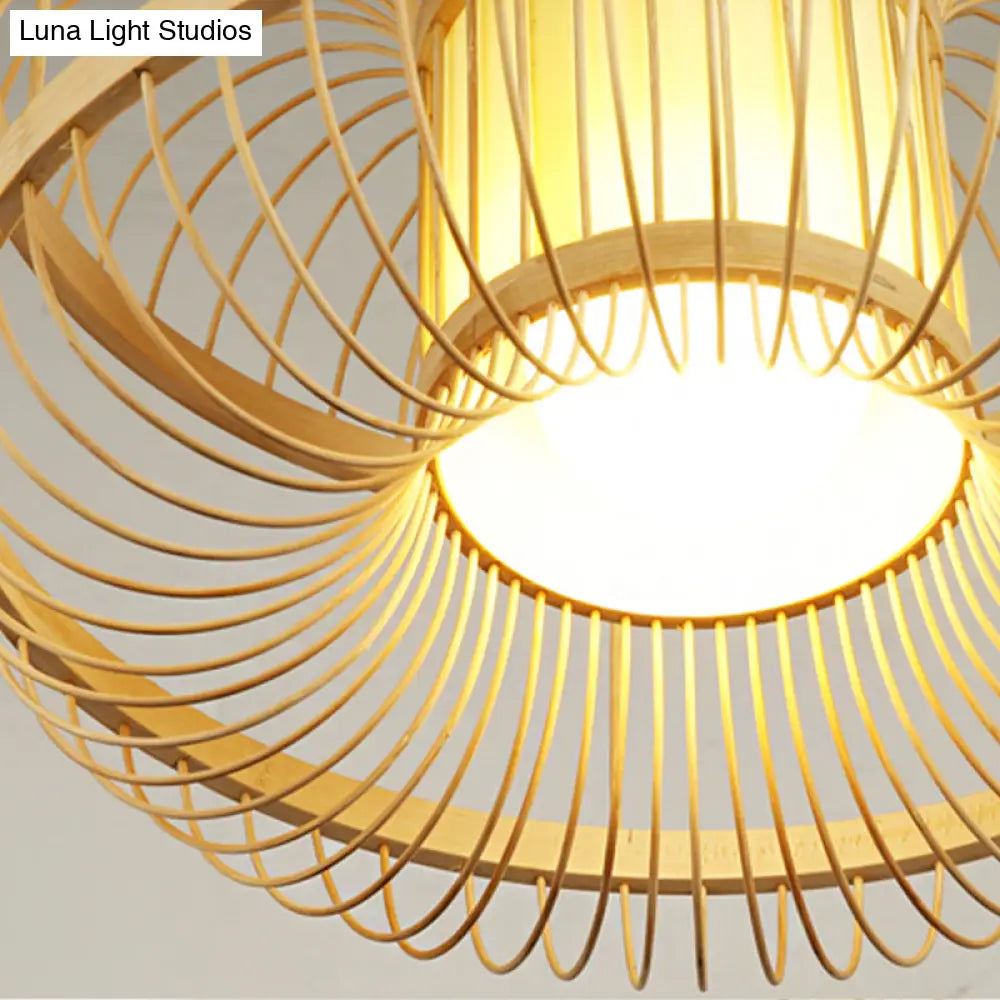 Round Bamboo Pendant Light Fixture With Cylinder Parchment Shade - Modern Wood Design 1 Bulb Hanging
