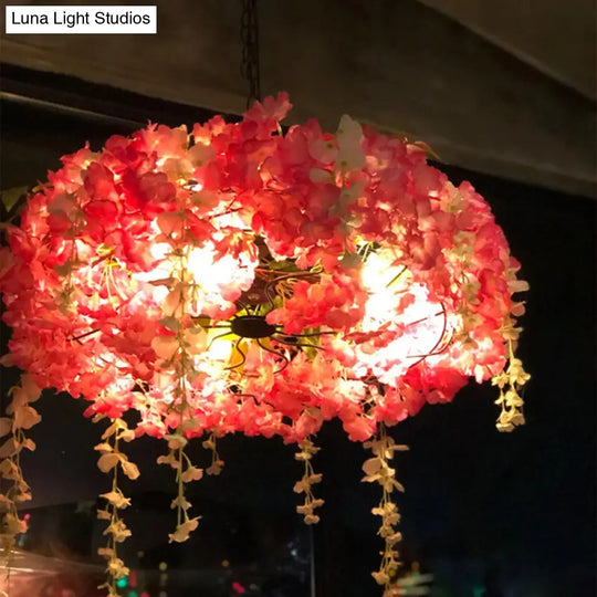 Metal Cage Pendant Lamp With 3 Lights And Floral Accents - Rural Chandelier