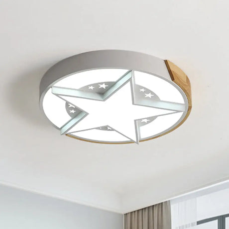 Round Metal Led Macaron Flush Mount Ceiling Light In White/Pink/Blue And Wood For Star - Themed