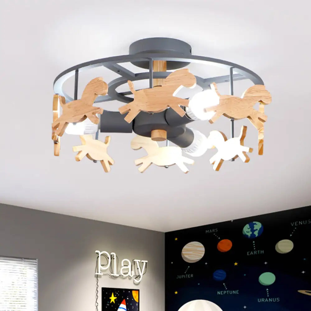 Round Semi - Flush Ceiling Light Macaroon 3 - Bulb Grey/White/Green - Wooden Horse Design Grey