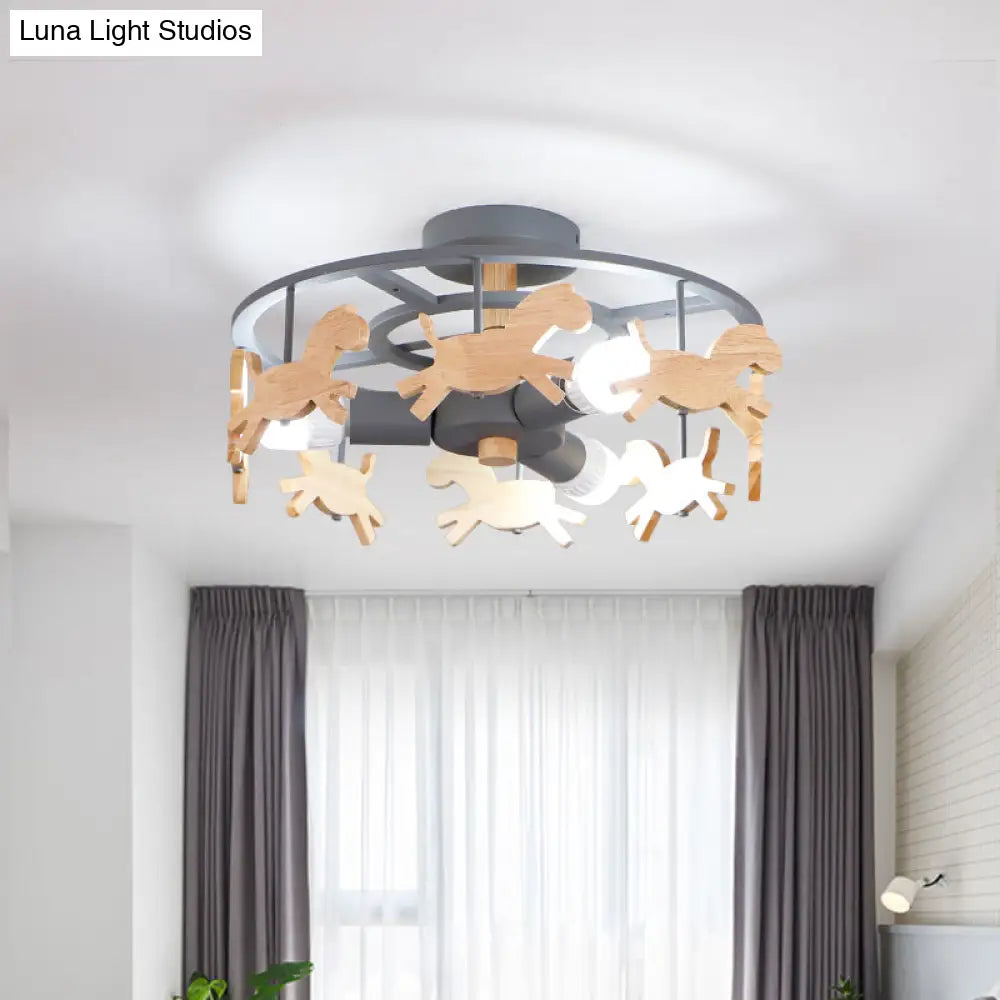Round Semi - Flush Ceiling Light Macaroon 3 - Bulb Grey/White/Green - Wooden Horse Design