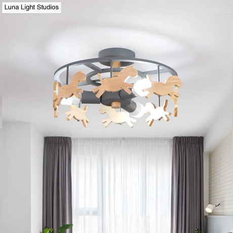 Round Semi - Flush Ceiling Light Macaroon 3 - Bulb Grey/White/Green - Wooden Horse Design