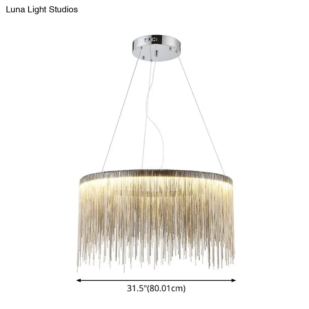 Round Silver Tassel Chain Pendant Lamp - Modern Metal Ceiling Chandelier