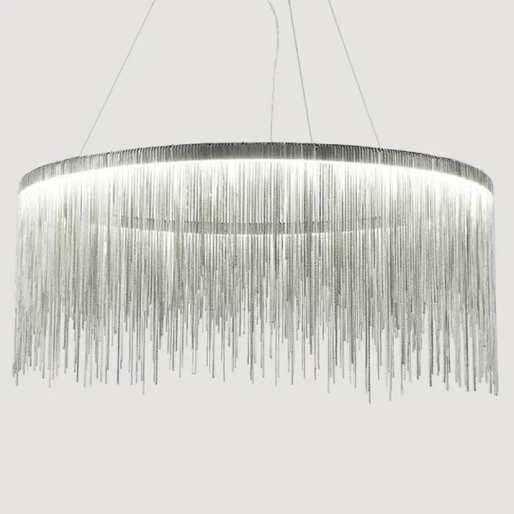 Round Silver Tassel Chain Pendant Lamp - Modern Metal Ceiling Chandelier / 16’ White