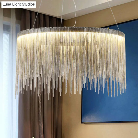 Round Silver Tassel Chain Pendant Lamp - Modern Metal Ceiling Chandelier