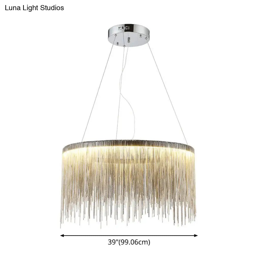Round Silver Tassel Chain Pendant Lamp - Modern Metal Ceiling Chandelier