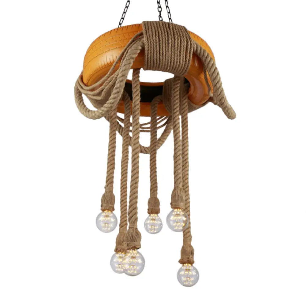 Rubber Warehouse 6-Head Tire Lamp With Hemp Rope - Red/Blue/Yellow Chandelier Pendant For Dining
