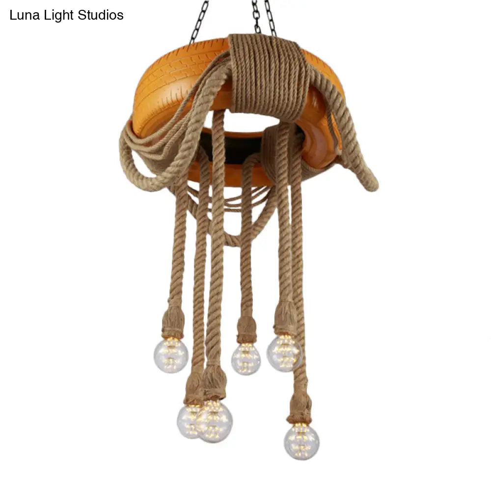 6-Head Tire Hanging Lamp Kit With Hemp Rope For Dining Room Chandelier Yellow